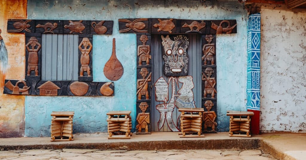 The beautifully painted walls of the Batoufam chiefdom.