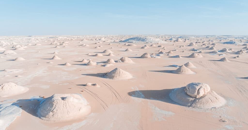 Aerial view of the white sand desert in Egypt.