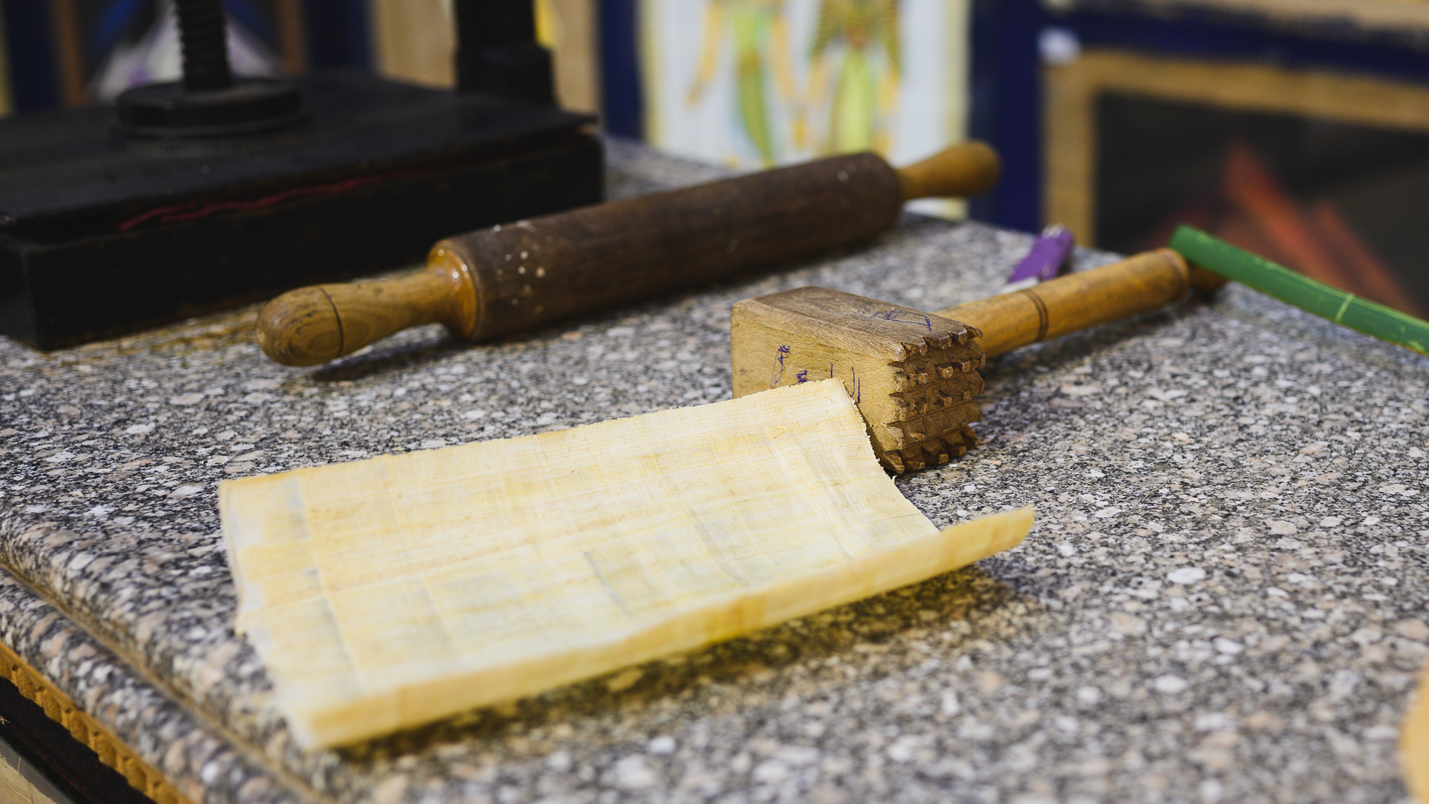 In the papyrus shop explaining how papyrus were crafted