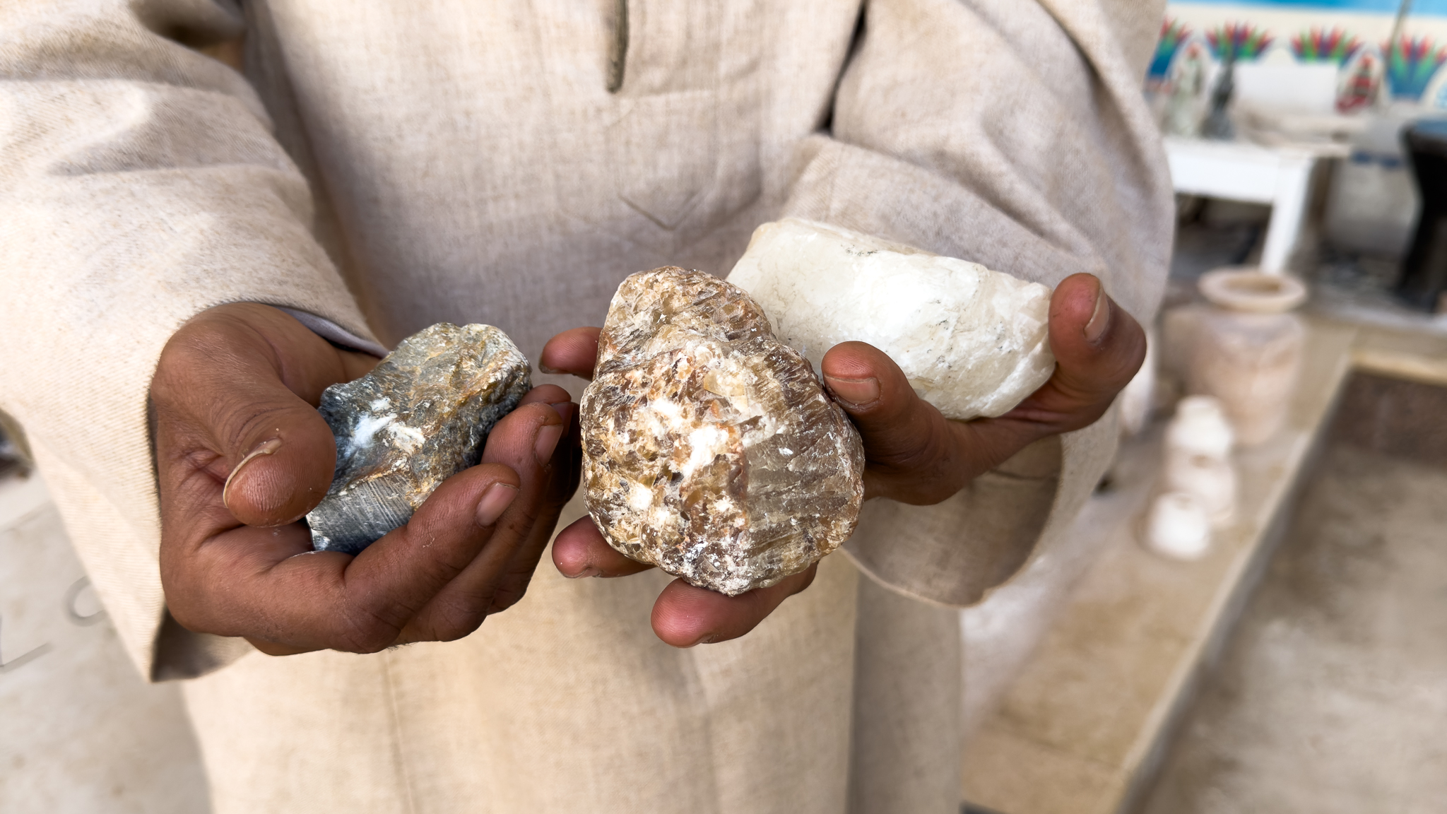 Raw alabaster stones before being crafted