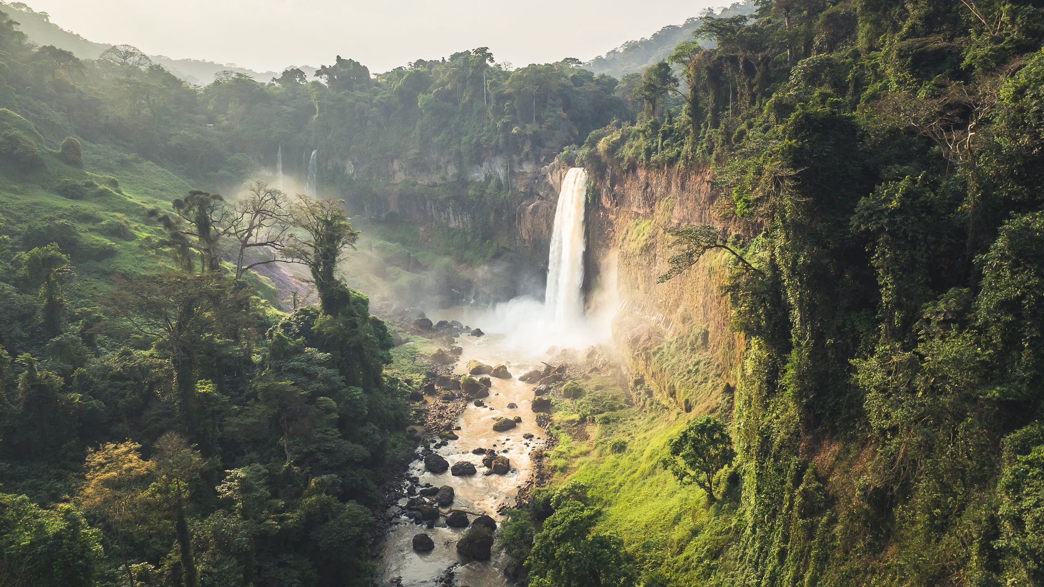 Aerial view of the famous Ekom-Nkam waterfalls in Cameroon.